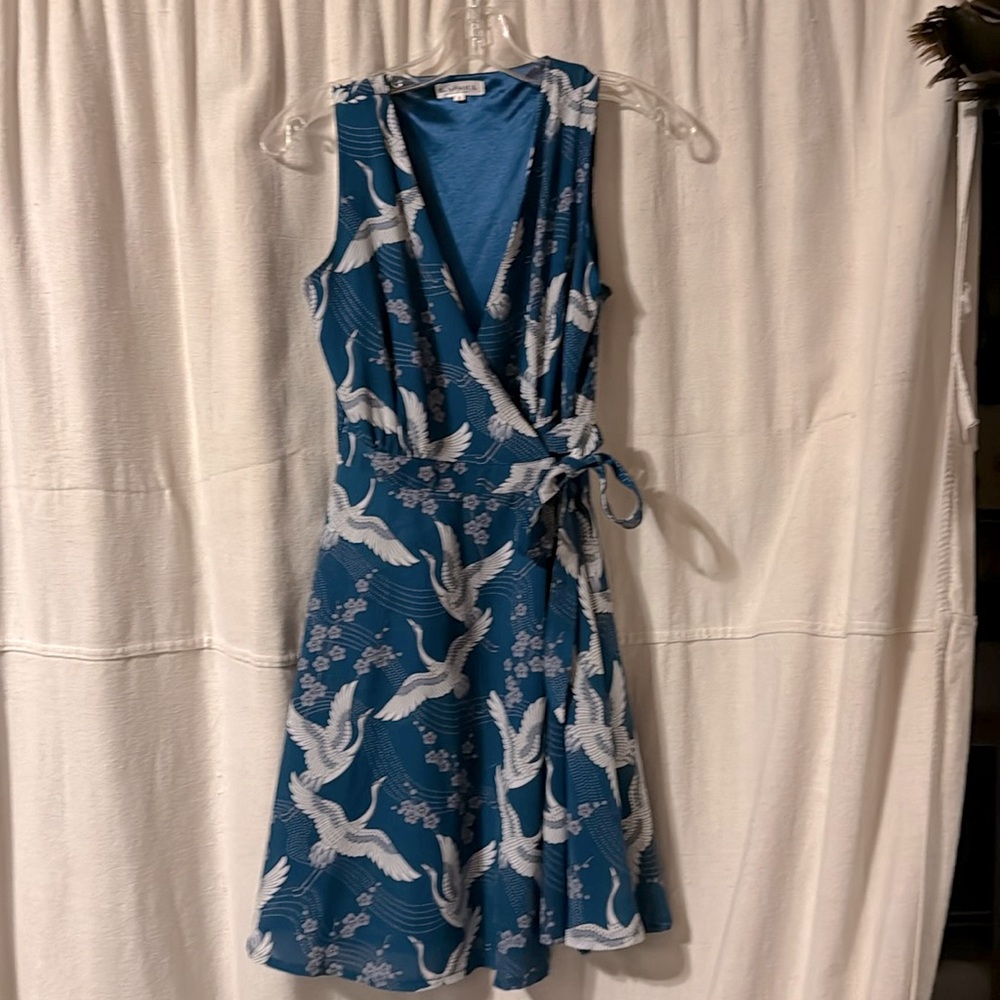 LA soul side tie cap sleeve dress with crane pattern, ALine skirt
